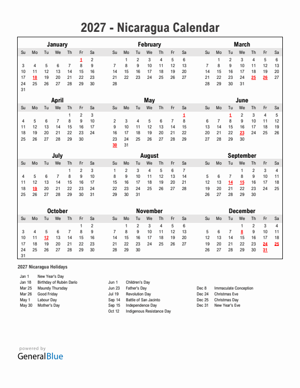 Year 2027 Simple Calendar With Holidays in Nicaragua