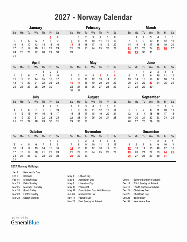 Year 2027 Simple Calendar With Holidays in Norway