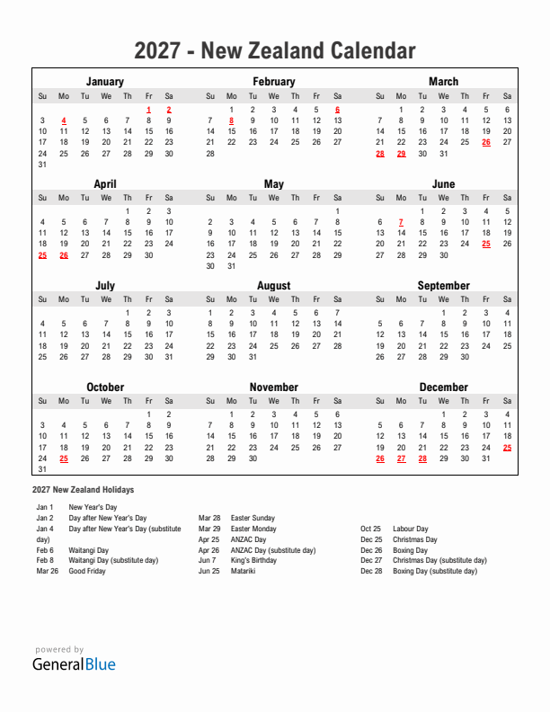 Year 2027 Simple Calendar With Holidays in New Zealand