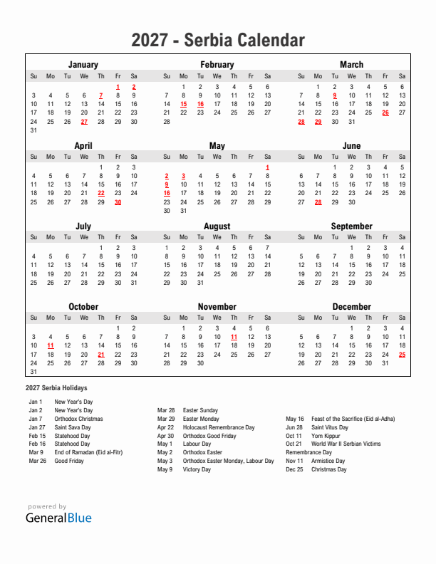 Year 2027 Simple Calendar With Holidays in Serbia