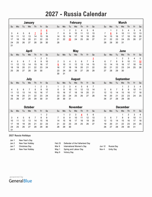 Year 2027 Simple Calendar With Holidays in Russia