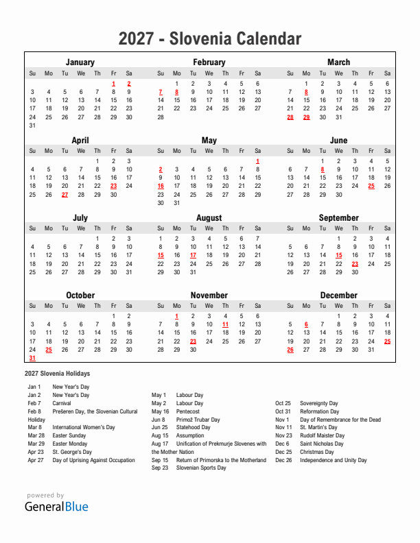 Year 2027 Simple Calendar With Holidays in Slovenia