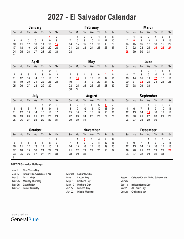 Year 2027 Simple Calendar With Holidays in El Salvador