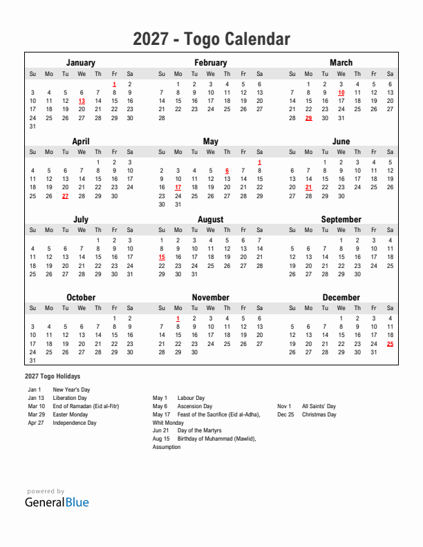 Year 2027 Simple Calendar With Holidays in Togo