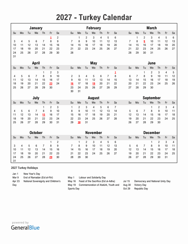 Year 2027 Simple Calendar With Holidays in Turkey