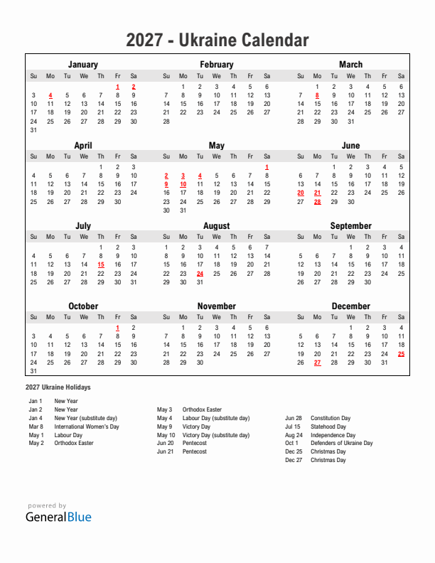 Year 2027 Simple Calendar With Holidays in Ukraine