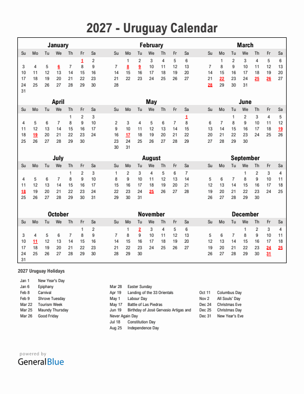 Year 2027 Simple Calendar With Holidays in Uruguay