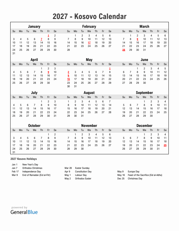 Year 2027 Simple Calendar With Holidays in Kosovo