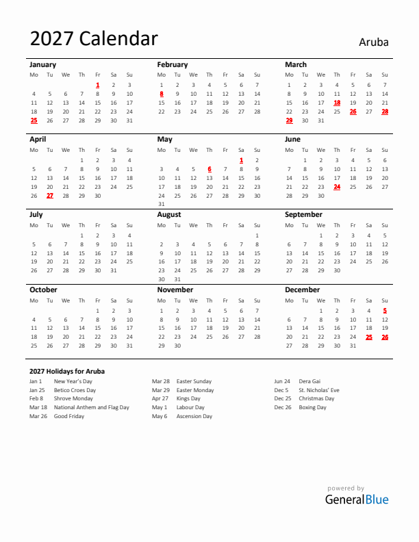 Standard Holiday Calendar for 2027 with Aruba Holidays 