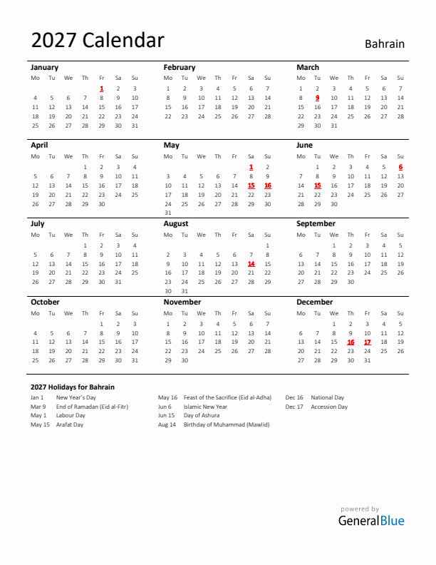 Standard Holiday Calendar for 2027 with Bahrain Holidays 