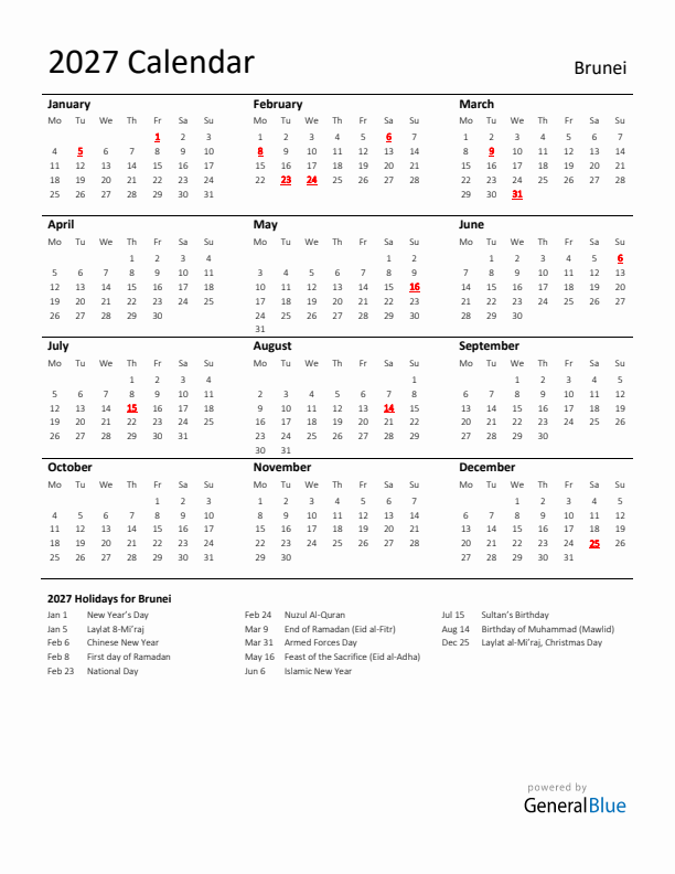 Standard Holiday Calendar for 2027 with Brunei Holidays 