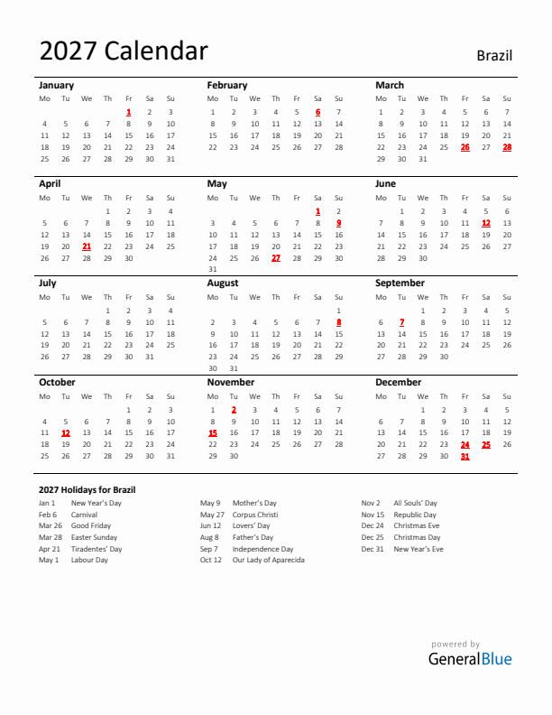 Standard Holiday Calendar for 2027 with Brazil Holidays 