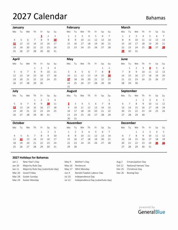 Standard Holiday Calendar for 2027 with Bahamas Holidays 