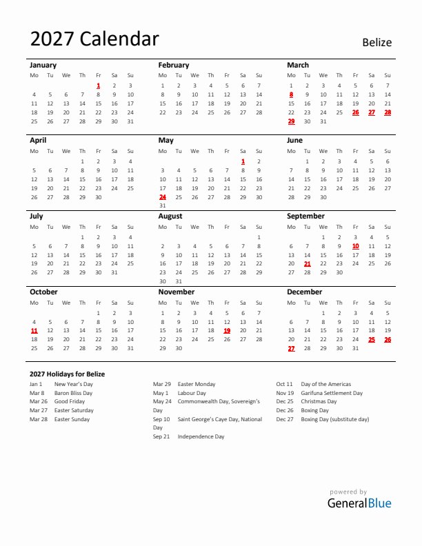 Standard Holiday Calendar for 2027 with Belize Holidays 