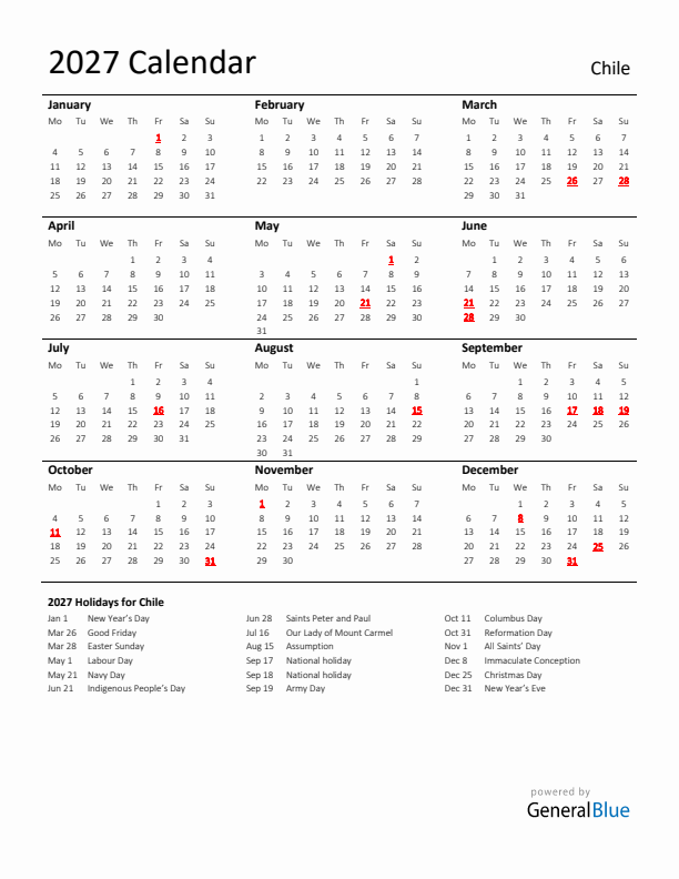 Standard Holiday Calendar for 2027 with Chile Holidays 