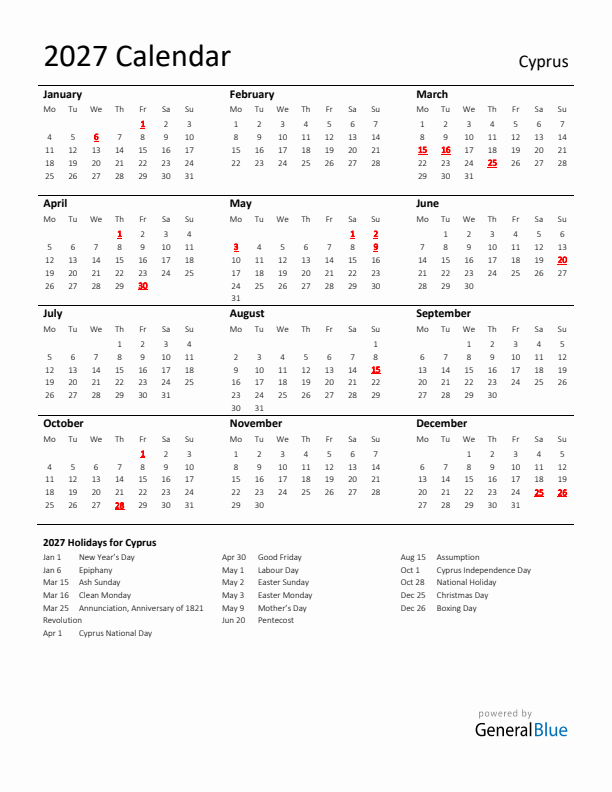 Standard Holiday Calendar for 2027 with Cyprus Holidays 