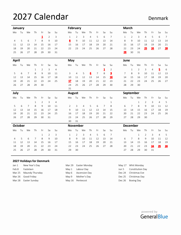 Standard Holiday Calendar for 2027 with Denmark Holidays 