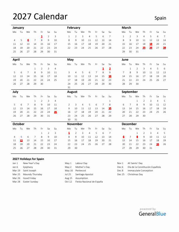 Standard Holiday Calendar for 2027 with Spain Holidays 