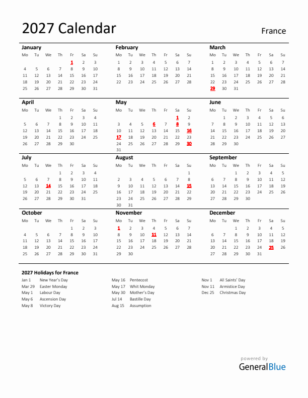 Standard Holiday Calendar for 2027 with France Holidays 