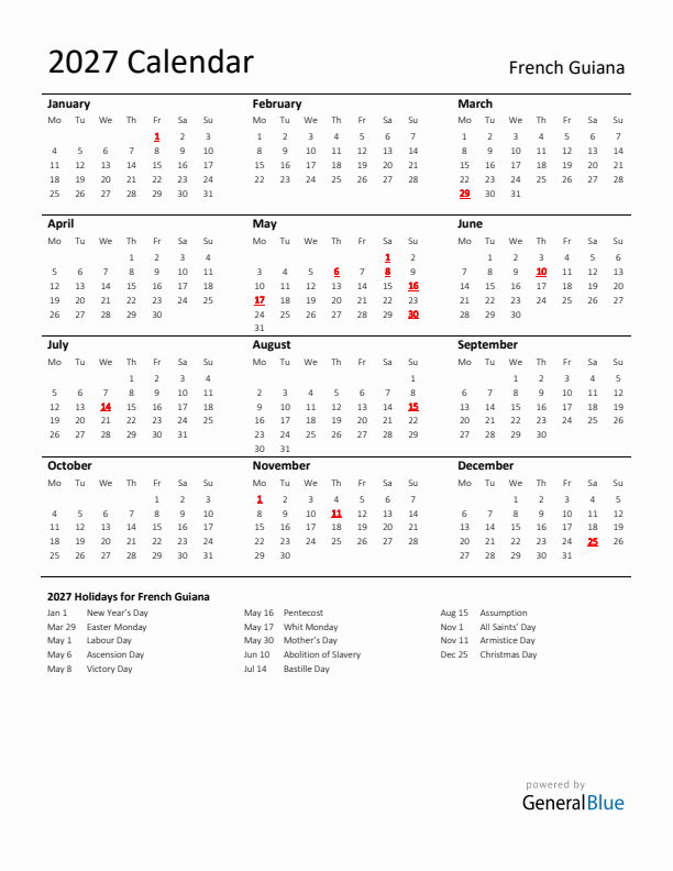 Standard Holiday Calendar for 2027 with French Guiana Holidays 