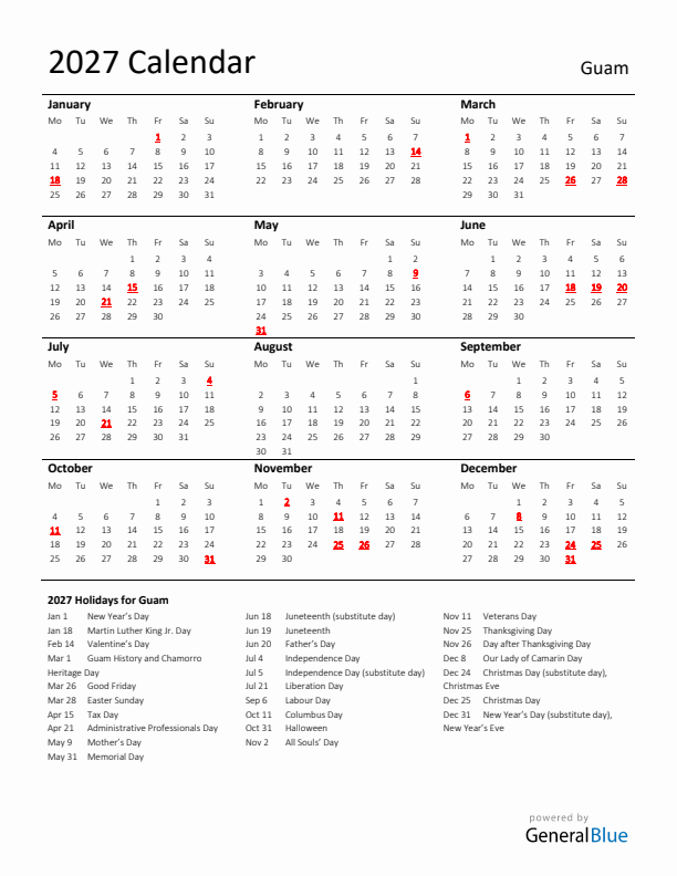 Standard Holiday Calendar for 2027 with Guam Holidays 