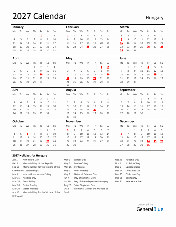 Standard Holiday Calendar for 2027 with Hungary Holidays 