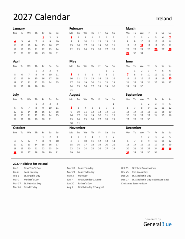 Standard Holiday Calendar for 2027 with Ireland Holidays 