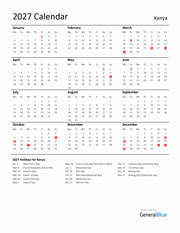 Standard Holiday Calendar for 2027 with Kenya Holidays 