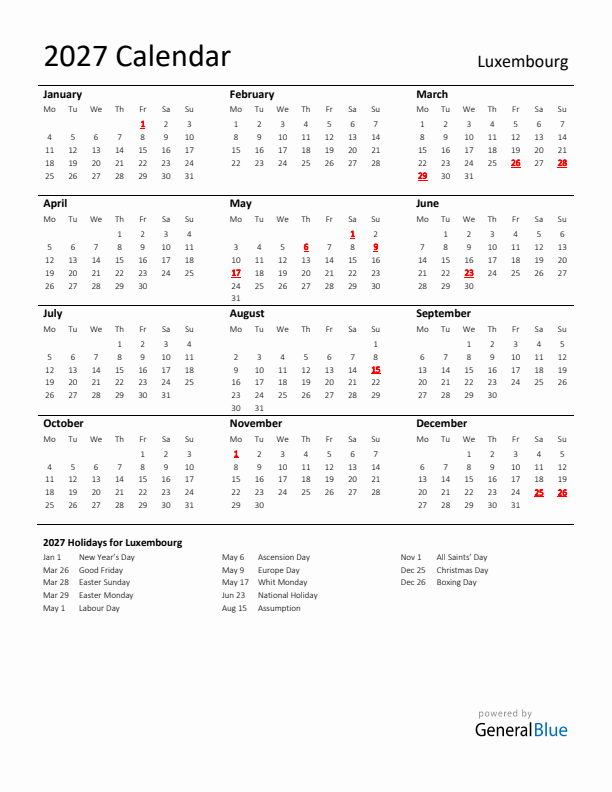 Standard Holiday Calendar for 2027 with Luxembourg Holidays 