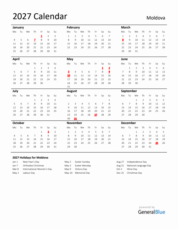 Standard Holiday Calendar for 2027 with Moldova Holidays 