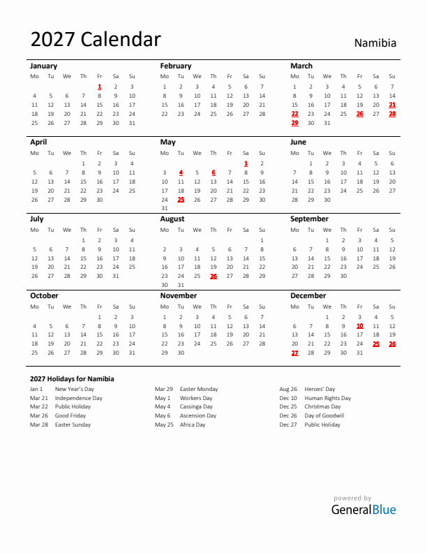 Standard Holiday Calendar for 2027 with Namibia Holidays 