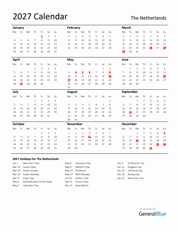 Standard Holiday Calendar for 2027 with The Netherlands Holidays 