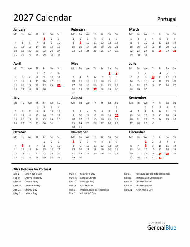 Standard Holiday Calendar for 2027 with Portugal Holidays 