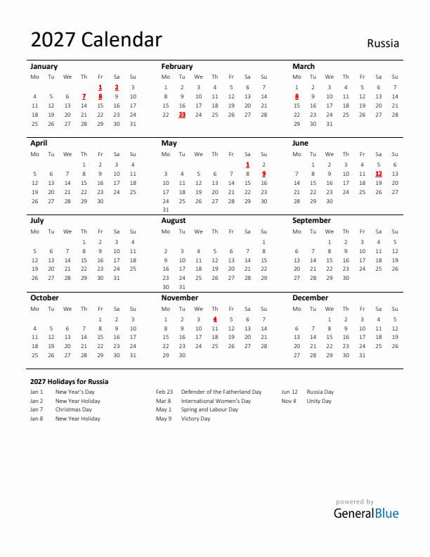 Standard Holiday Calendar for 2027 with Russia Holidays 