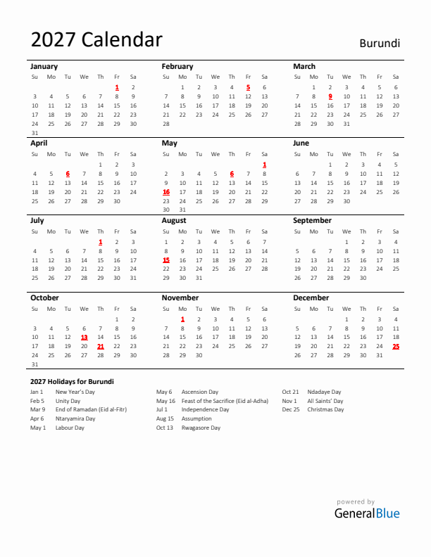 Standard Holiday Calendar for 2027 with Burundi Holidays 