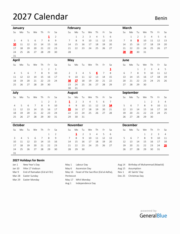 Standard Holiday Calendar for 2027 with Benin Holidays 