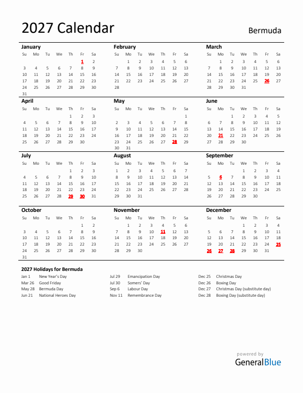 Standard Holiday Calendar for 2027 with Bermuda Holidays 