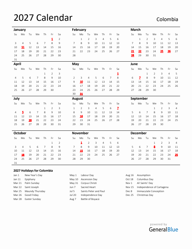 Standard Holiday Calendar for 2027 with Colombia Holidays 