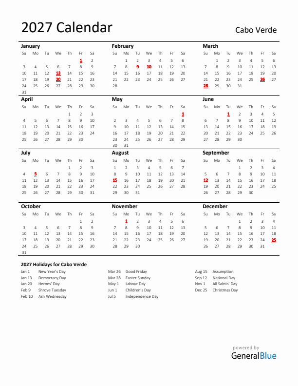 Standard Holiday Calendar for 2027 with Cabo Verde Holidays 