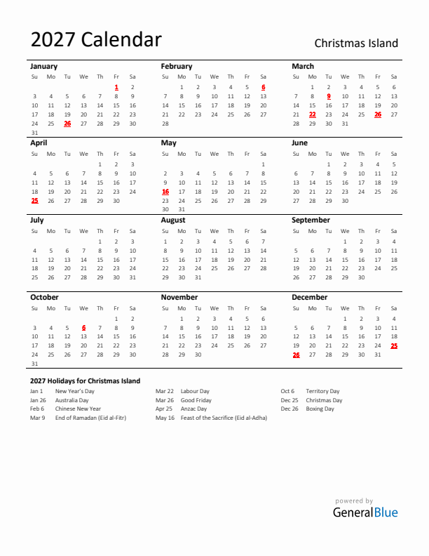 Standard Holiday Calendar for 2027 with Christmas Island Holidays 