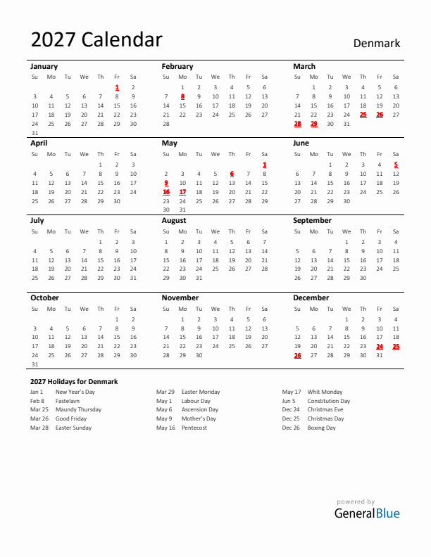 Standard Holiday Calendar for 2027 with Denmark Holidays 