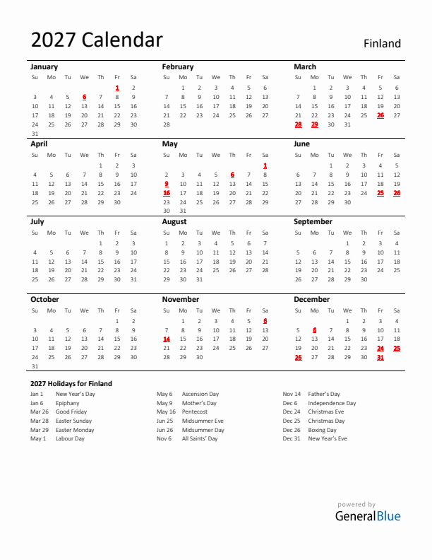 Standard Holiday Calendar for 2027 with Finland Holidays 