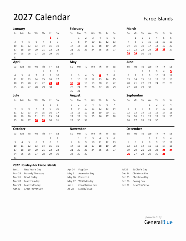 Standard Holiday Calendar for 2027 with Faroe Islands Holidays 