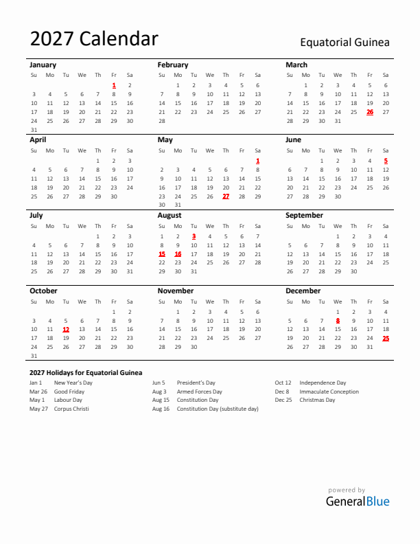 Standard Holiday Calendar for 2027 with Equatorial Guinea Holidays 