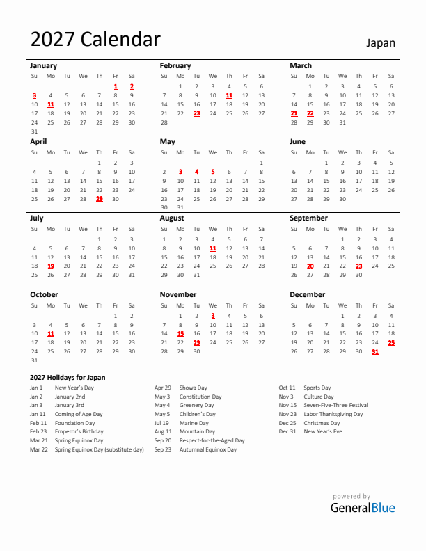 Standard Holiday Calendar for 2027 with Japan Holidays 