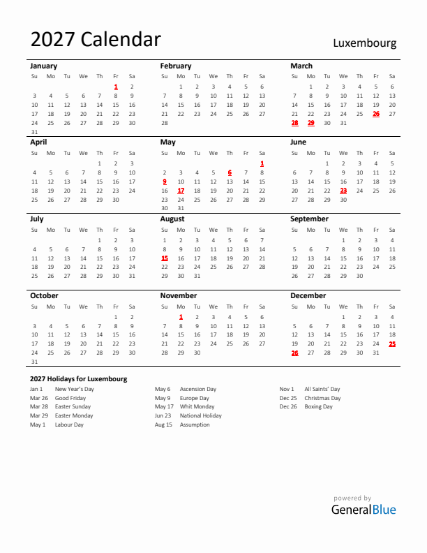 Standard Holiday Calendar for 2027 with Luxembourg Holidays 