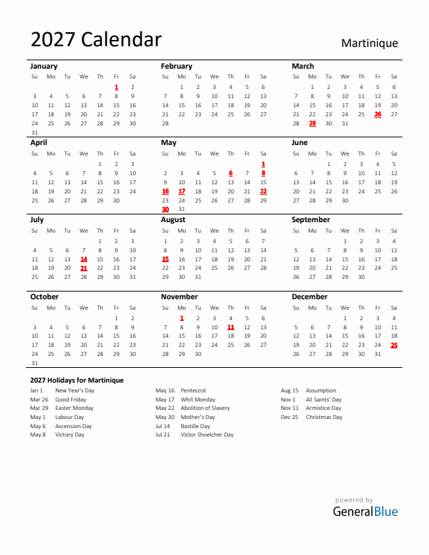 Standard Holiday Calendar for 2027 with Martinique Holidays 