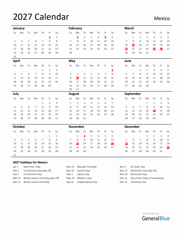 Standard Holiday Calendar for 2027 with Mexico Holidays 