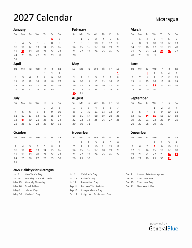 Standard Holiday Calendar for 2027 with Nicaragua Holidays 