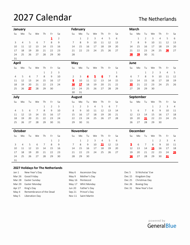 Standard Holiday Calendar for 2027 with The Netherlands Holidays 